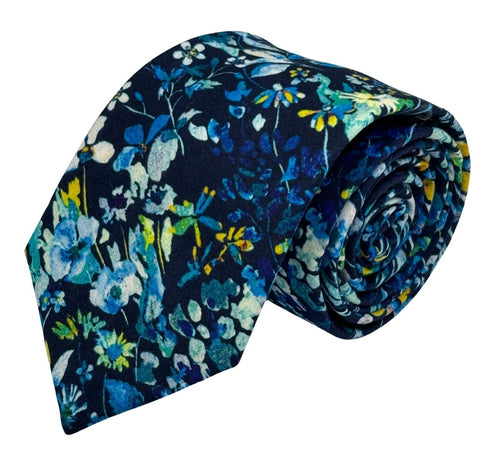 navy dark blue floral wildflower cotton tie in a  liberty style design